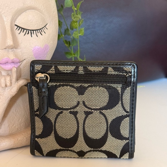 Coach Small Bifold Black Tan Card & Bill Holder Canvas And Leather Signature C - Picture 3 of 12